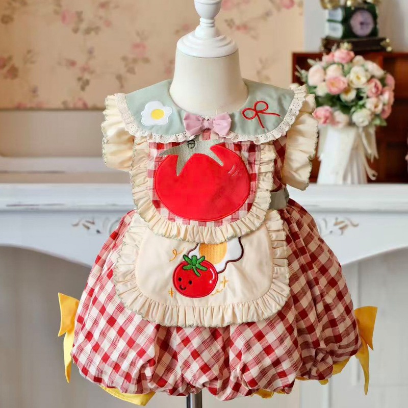 Embroidery Egg - Cottagecore Kinder-Lolita-Kleid mit rotem Karomuster, Tomaten-