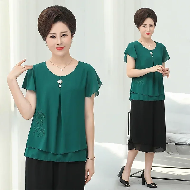 Embroidery On Shirt - Casual Fashion Set Kurzarm Chiffon Shirt