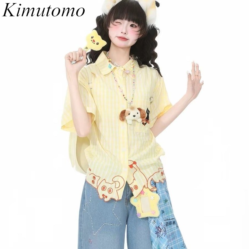 Embroidery On Shirt - Kimutomo Damenblusen mit Katzen-Stickerei, Kariert, Kurzarm,
