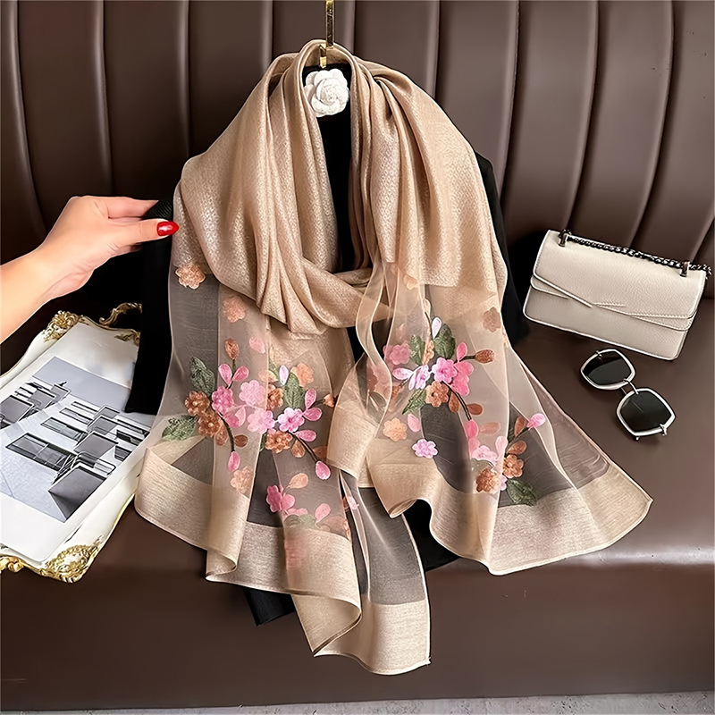 Embroidery Hijab - Frauen Seide Wolle Schal Floral Stickerei