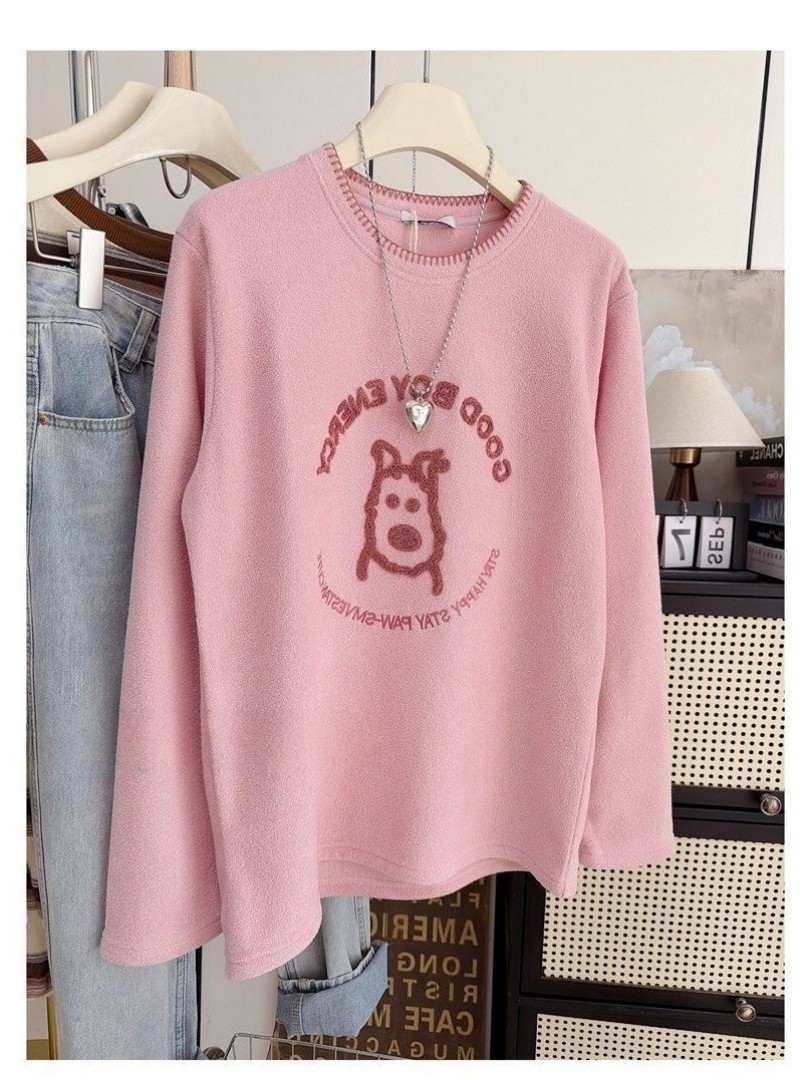 Embroidery Letter N - Koreanisches Cartoon-Buchstaben-Stickerei-T-Shirt, Oversize, flauschig, locker, Herbst-Winter,
