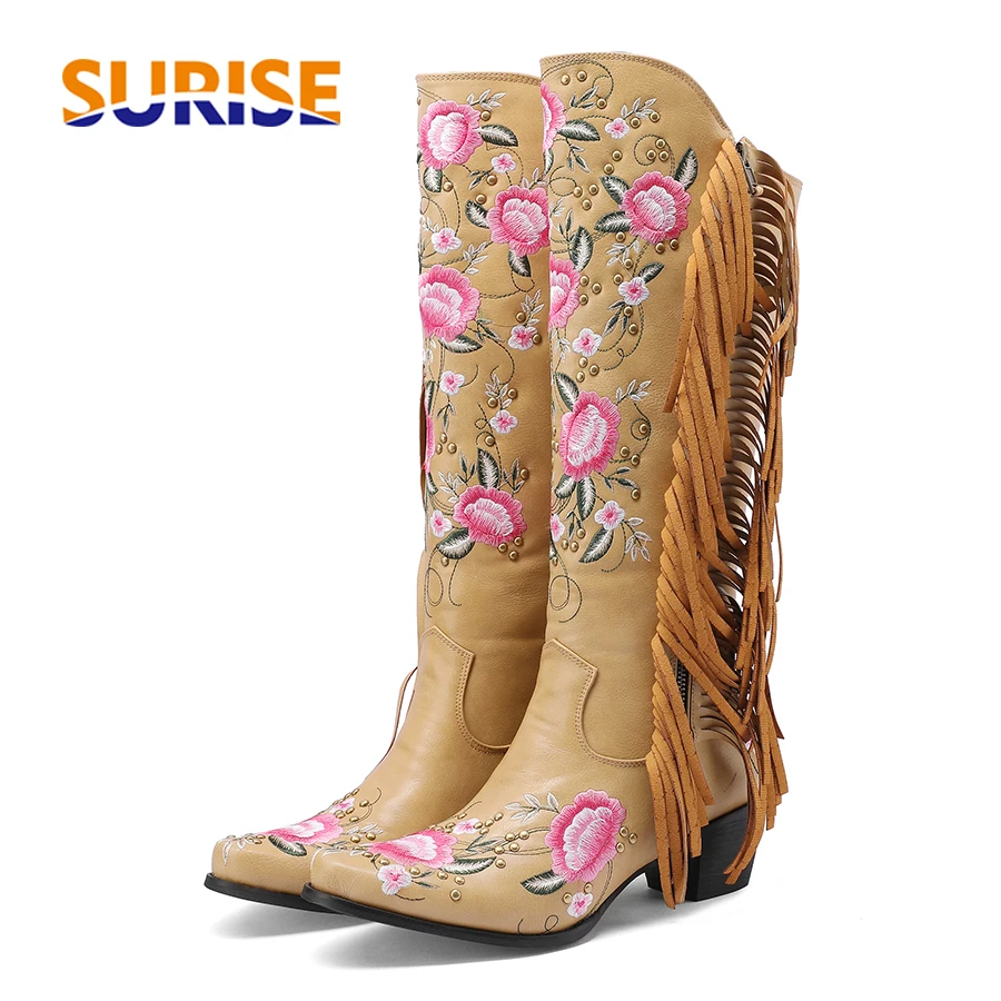 Embroidery Flower - Mode Stickerei Blume Western Kniehohe Stiefel