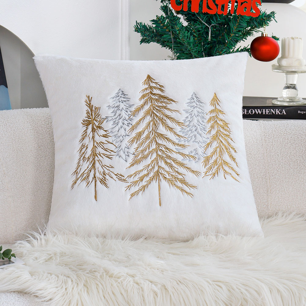 Embroidery Xmas Tree - Weihnachten Faux Kaninchen Fell Kissenbezug 45x45cm