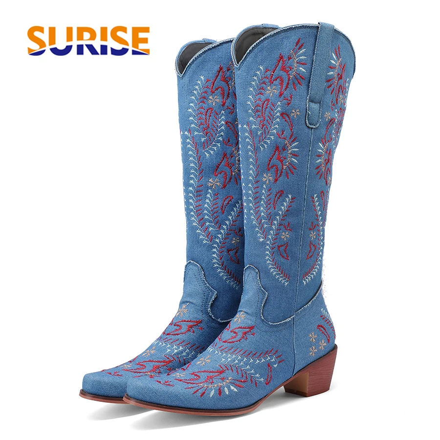 Embroidery Flower - Blaue Denim Western Cowgirl Kniehohe Stiefel