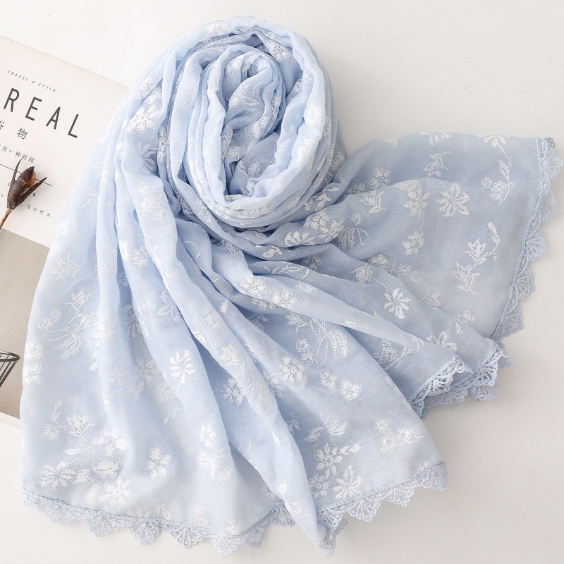 Embroidery Hijab - Damen Ganzjahres-Schal mit Blumenstickerei, Baumwoll-Leinen-Optik, Einfarbiger