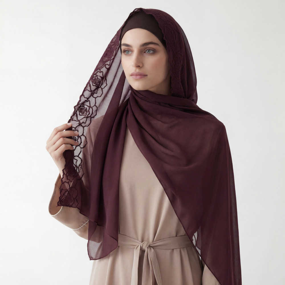 Lila Chiffon Hijab Schals für  – Embroidery Hijab Bewertung und Preis