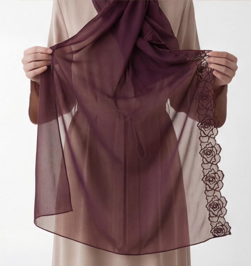 Lila Chiffon Hijab Schals für  – Embroidery Hijab Bewertung und Preis